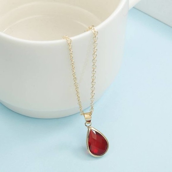 Red Jeweled Drop Pendent on Gold Chain - Picture 2 of 5